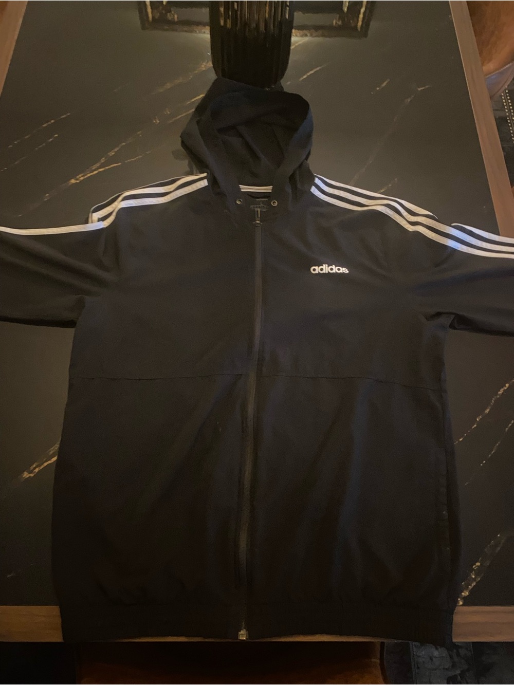 adidas Black Hooded Windbreaker with White Three-Stripes